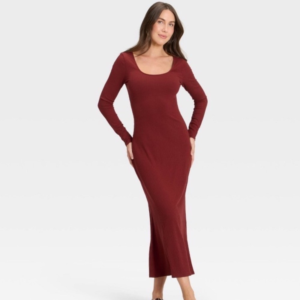 A New Day Dark Red Ribbed Long Sleeve Maxi Dress Burgundy Scoop Neck Medium NWT